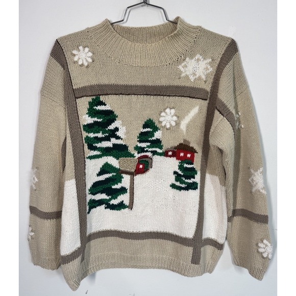 VTG Talbots Hand Knit Christmas Sweater‎ Size L Chunky Knit Mock Neck Holiday - Picture 1 of 10